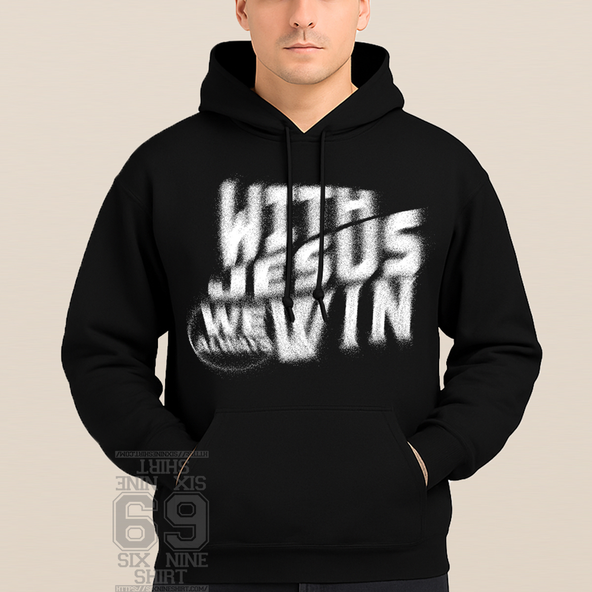 With Jesus I Win Hoodie Christian Faith Statement Streetwear Distressed Spray Style With Jesus I Win Christian streetwear hoodie bold typography