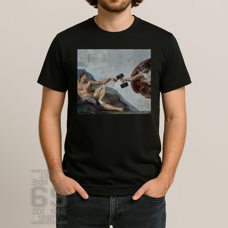 Creation of Adam gym parody with God giving Adam a dumbbell