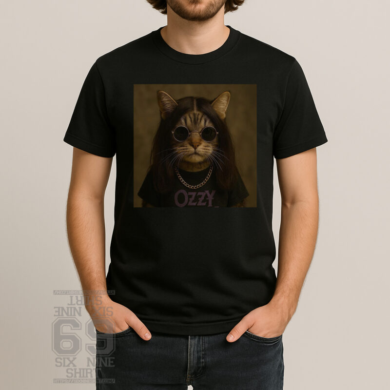Ozzy rock style cat wearing sunglasses parody t-shirt design