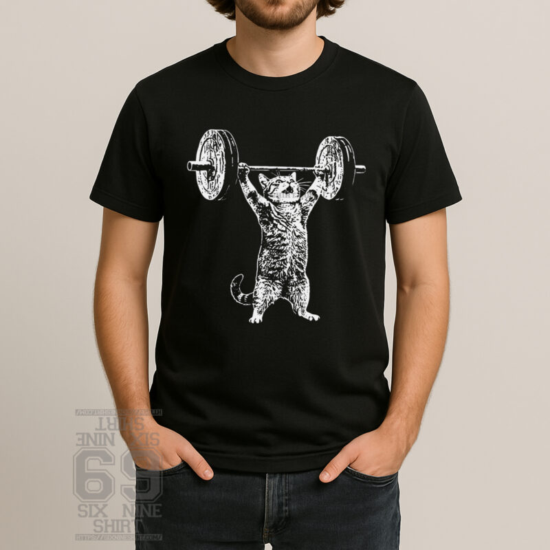 funny cat lifting weights gym t shirt workout meme graphic
