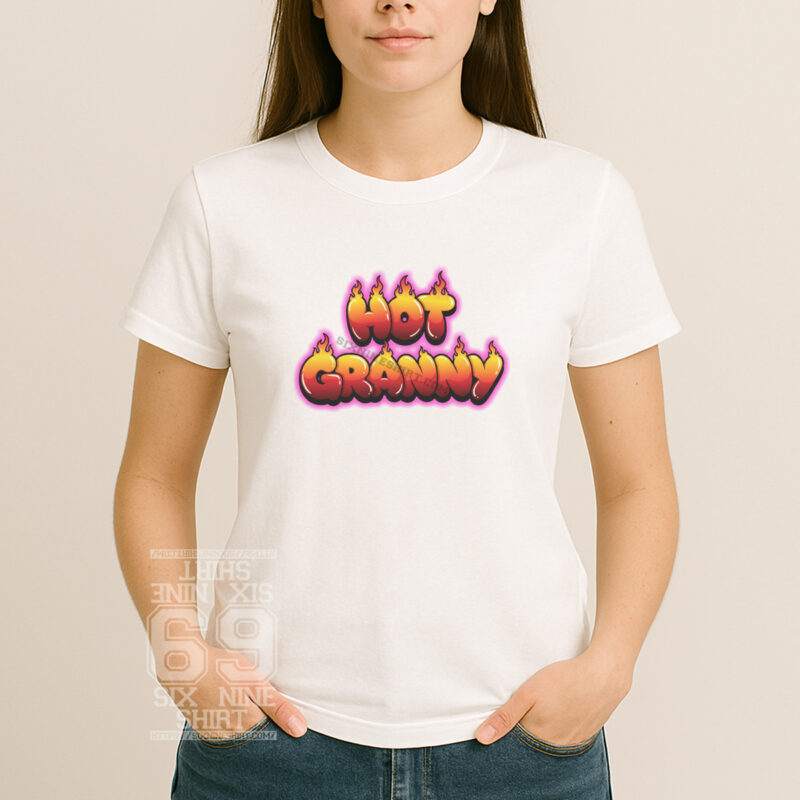 Glossy 3D bubble letter Hot Granny logo with flames and pink neon glow on a t-shirt