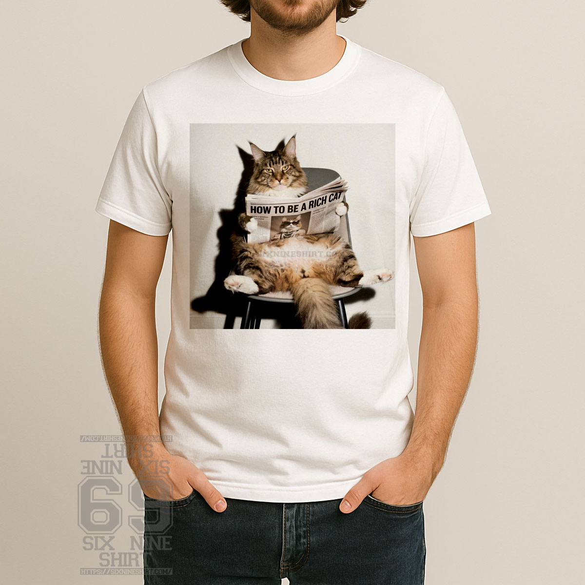 How To Be A Rich Cat Lounge Graphic Shirt Relaxed Luxury Cat T-Shirt Fluffy cat sitting in chair reading how to be a rich cat newspaper graphic unisex t shirt