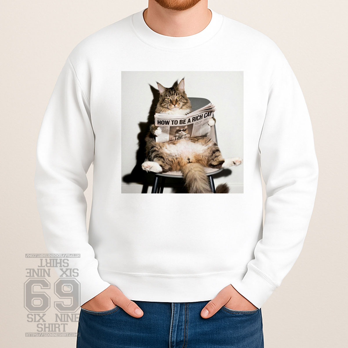How To Be A Rich Cat Lounge Graphic Sweatshirt Long haired cat lounging chair reading rich cat newspaper graphic sweatshirt