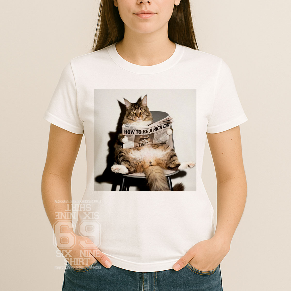How To Be A Rich Cat Lounge Graphic T-Shirt Luxury relaxed cat holding newspaper how to be a rich cat women fitted shirt