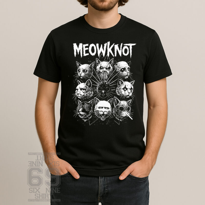 meowknot cat metal parody t shirt aggressive band style graphic