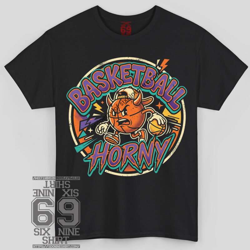 Cartoon basketball character with horns dribbling a ball, text reads Basketball Horny