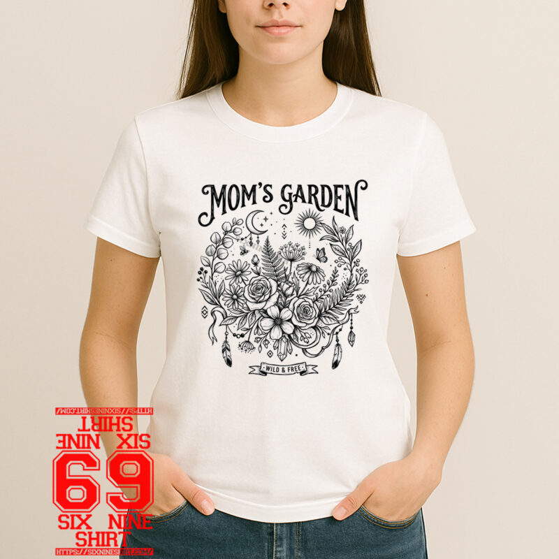 Mom’s Garden Wild and Free boho floral botanical t-shirt design with flowers, moon, sun and butterfly illustration