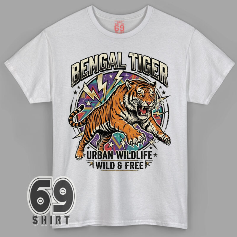 bengal tiger urban wildlife wild and free graphic t shirt design with roaring tiger and colorful retro lightning background
